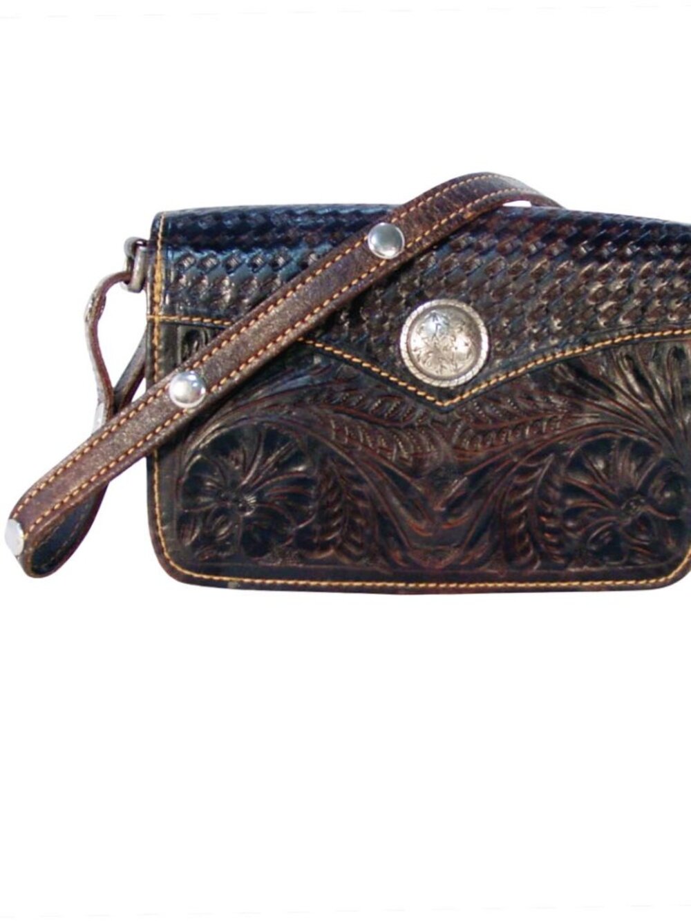 AMERICAN WEST Vintage Western Tooled Leather Crossbody Organizer Bag